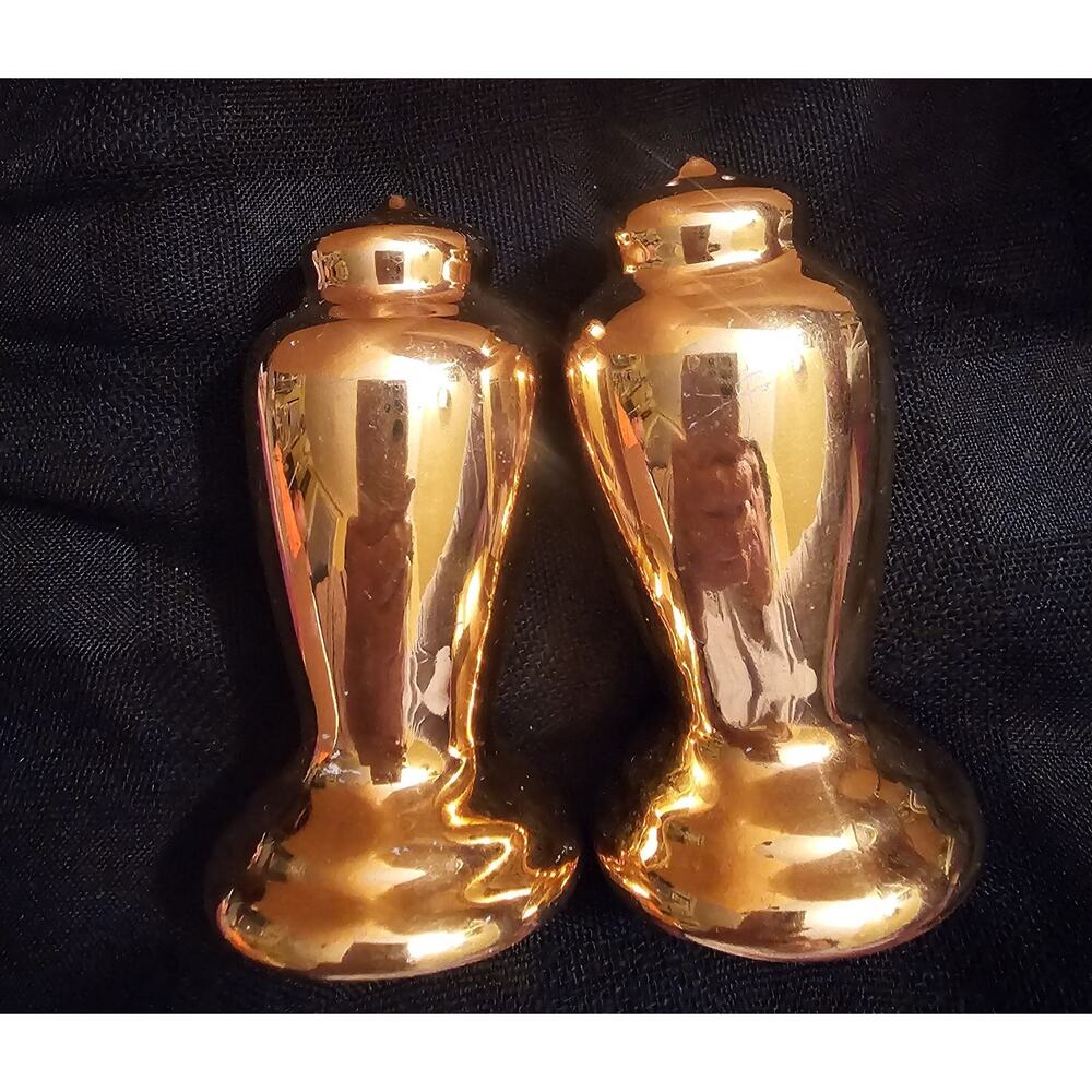 Mid-century 24K Warranted Gold Ceramic Urn Shaped Salt And Pepper Shakers